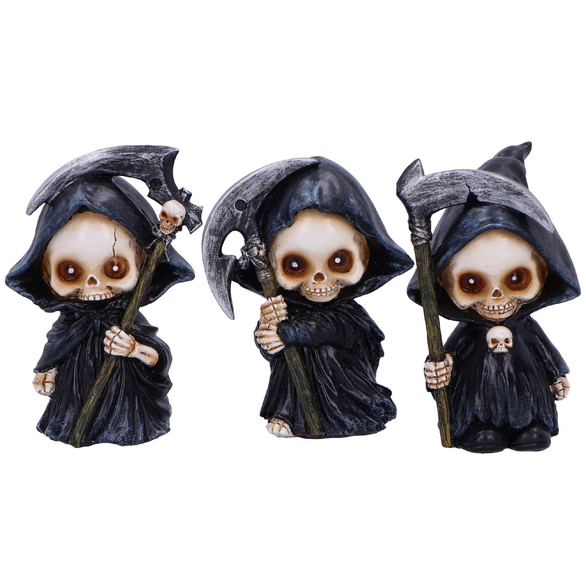 Nemesis Now Trio of Terror Mini Grim Reaper Figurines, Set of 3 Gothic Skeleton Statues, 3.5 Inch Halloween Decor for Shelves Desks and Creepy Gifts