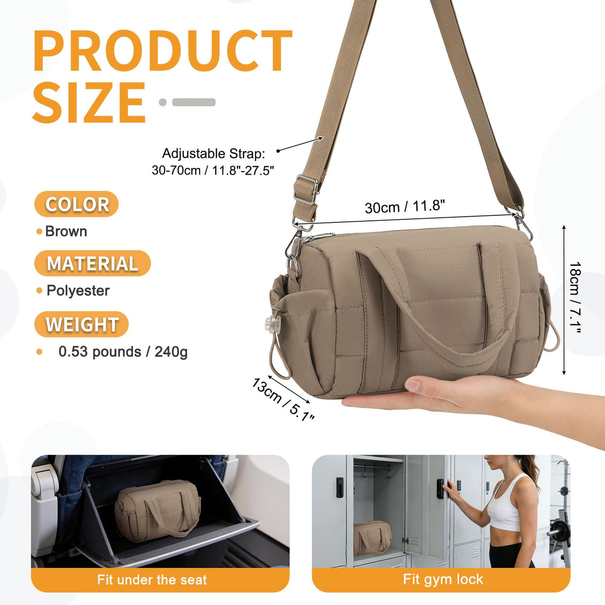 Convgo 8L Mini Gym Bag for Women, Small Size Sport Duffel Bag for Yoga Dance Swimming, Water-Resistant Compact Workout Bag with Adjustable Strap, Brown