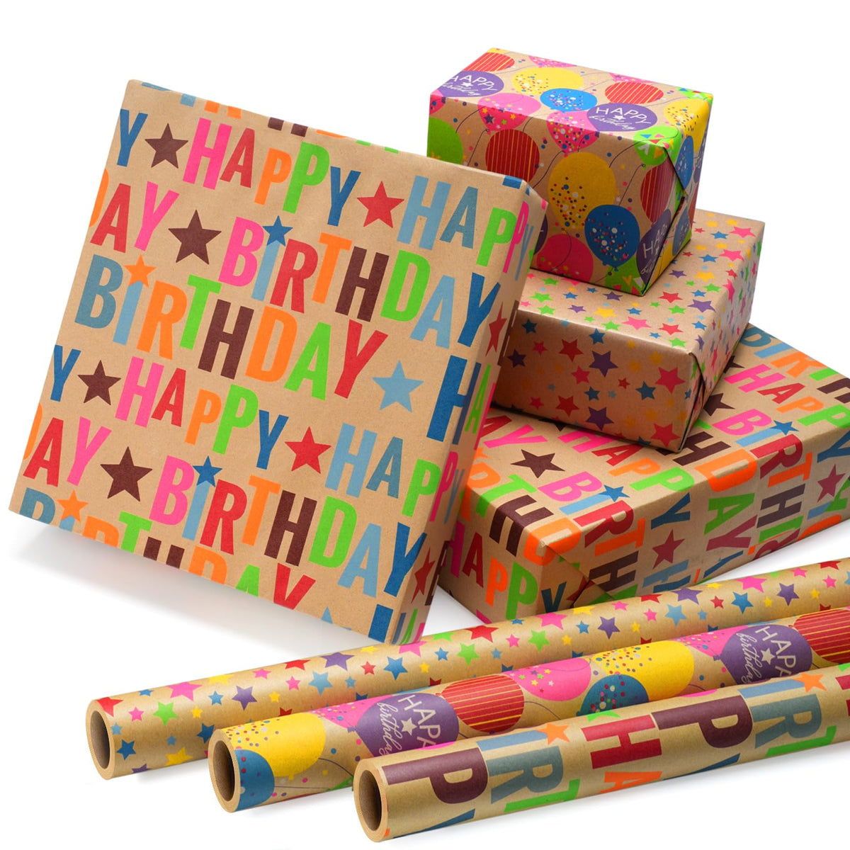 BIOBROWN Kraft Birthday Wrapping Paper, Colorful Gift Wrap with Text Happy Birthday Balloon Stripes Design for Kids, 17 inch X 120 inch Per Roll