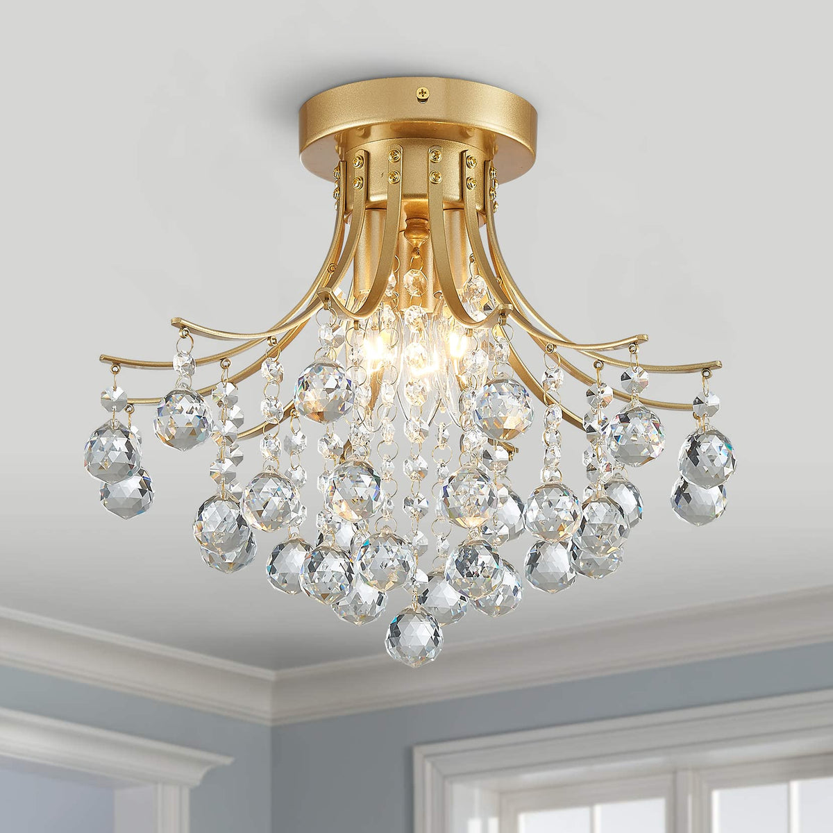 Bestier Modern Gold Crystal Semi-Flush Mount Chandelier, 3 E12 Bulbs, D13.5in x H11.6in, Ideal for Dining Room, Bathroom, Bedroom, Living Room