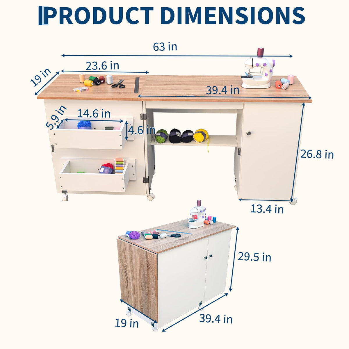 Large Folding Sewing Table, 63" x 19" x 29.5" Multipurpose Portable Craft Station & Side Desk with Compact Design, Caster Wheels, Storage Shelves, 2 Storage Trays, Magnetic Doors, White + Natural