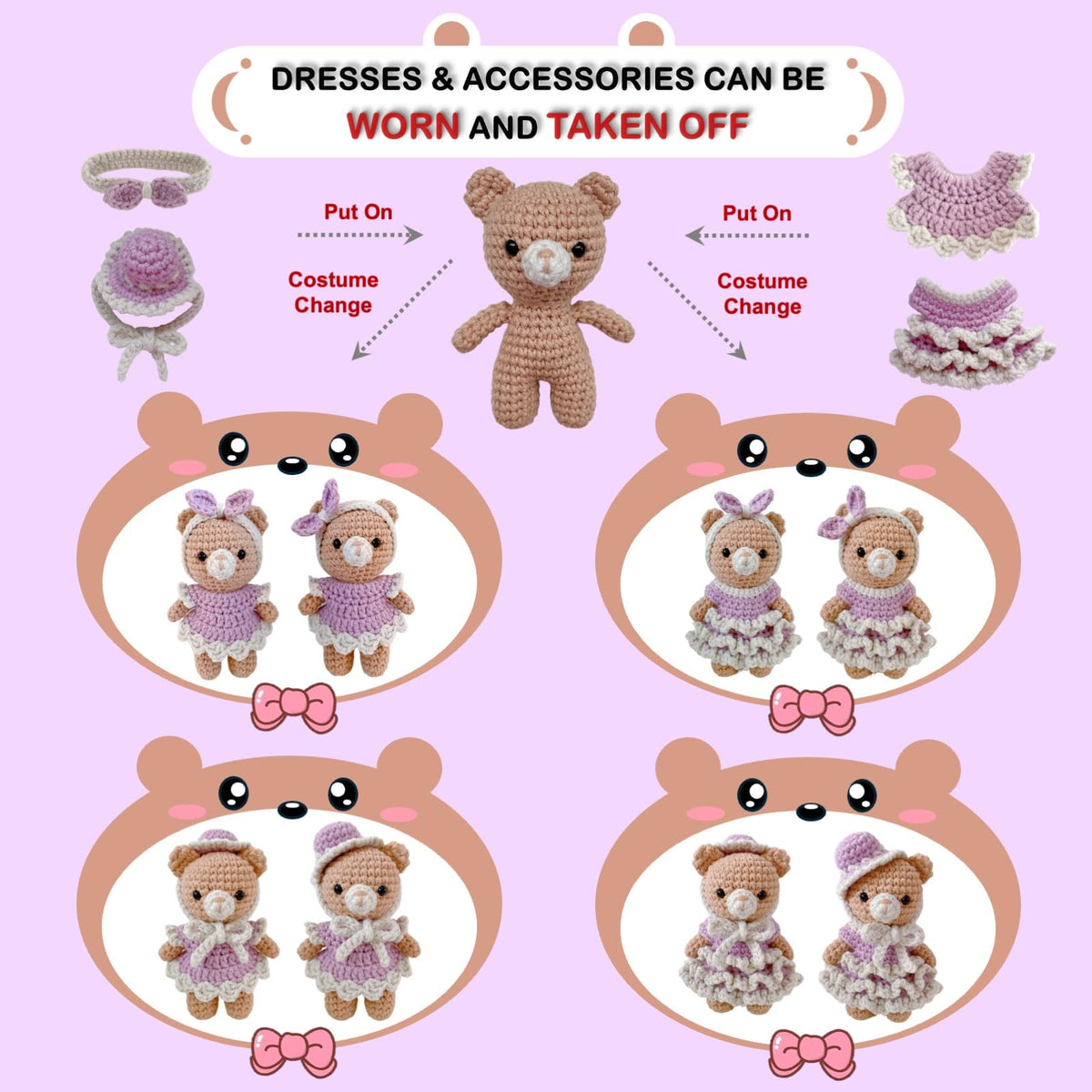 LoopMap Amigurumi Crochet Kit for Beginners with Removable Dress & Video Tutorials, DIY Bear Making Kit Includes Premium Yarn & Tools, Creative Gift for Adults Teens (Purple)