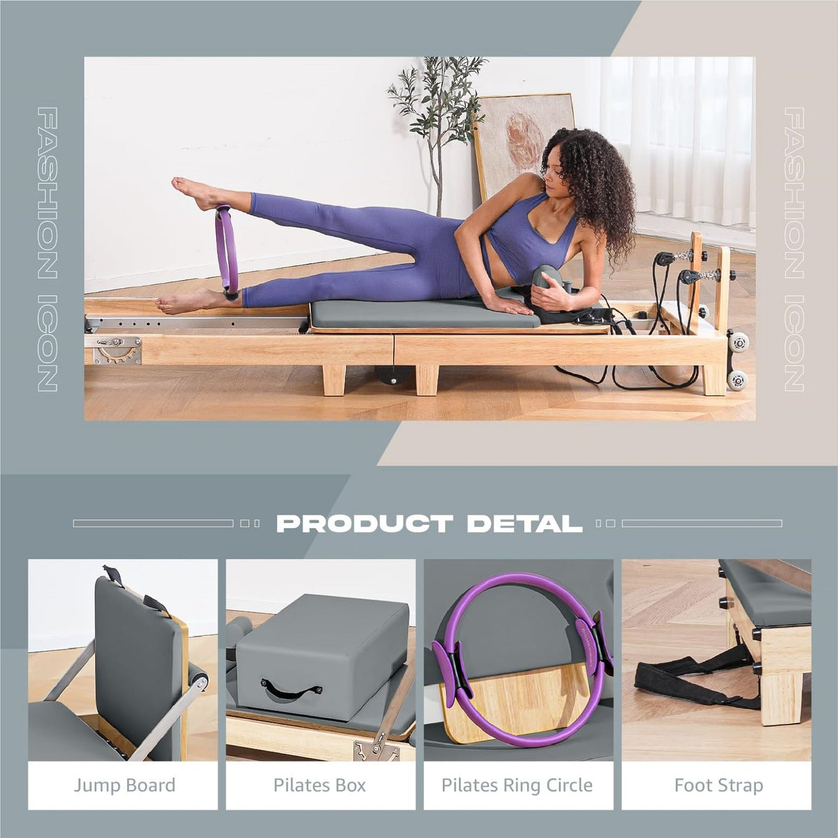 LeisureKing Pilates Reformer Machine PRO, Studio Grade Pilates Equipment for Home Workout with 5 Springs and Microfiber Leather, Oak Wood Foldable Pilates Reformer with Reformer Accessories, Gray