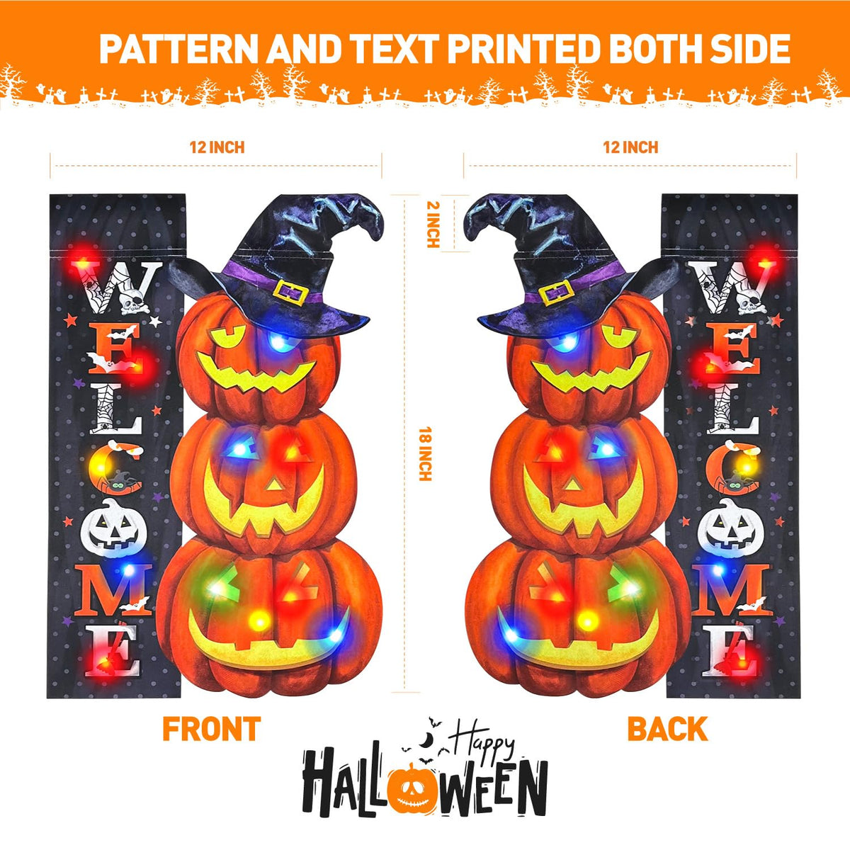 Vigor Home Halloween Lighted Garden Flag 12x18 Double Sided, Solar Outdoor Decor Yard Flags 8 Modes Led Jack-O-Lantern Welcome Halloween Pumpkins Decorations for Home Porch