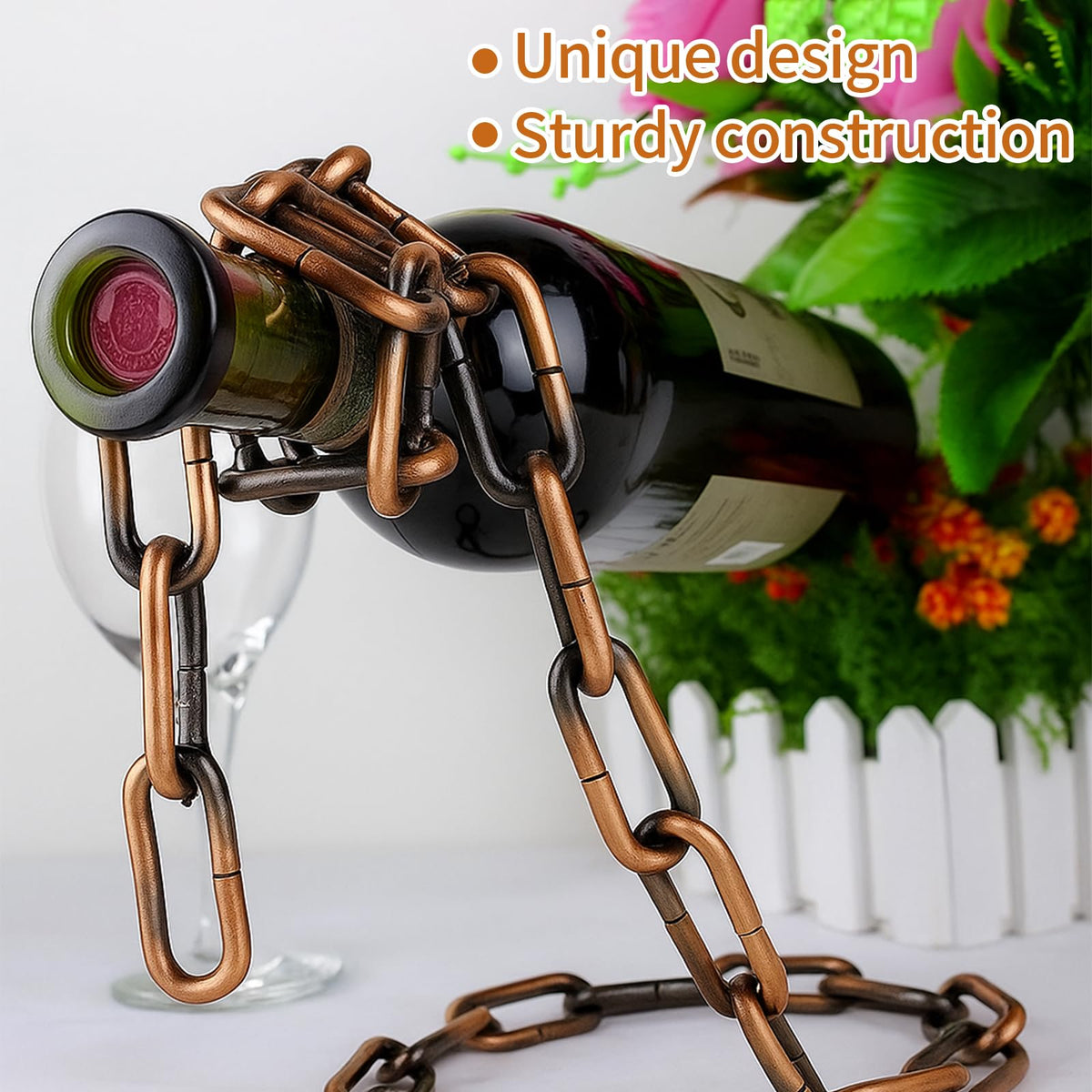 TBWHL Novelty Magic Wine Bottle Holder Floating Steel Link Chain Wine Bottle Rack/Holder - Holds Bottles in the Air, Unique Levitating Wine Bottle Stand for Home Bar, Kitchen, or Party Deco（Brown）