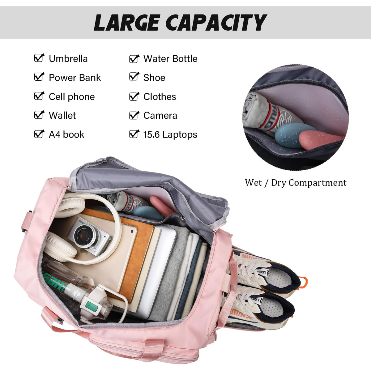 Eslcorri Gym Duffle Bag for Women Men, Sports Backpack with Wet & Shoe Compartment, Fitness Overnight Weekender Bag for Yoga, Swim, Travel (Style B, GreenPink)