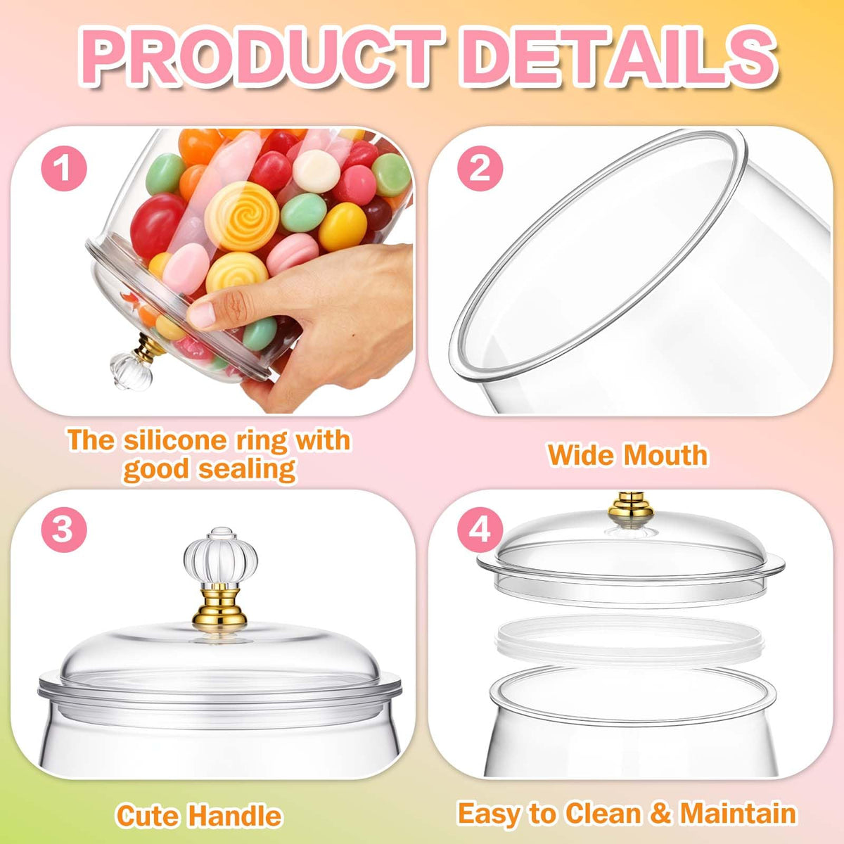 mwellewm 6pc Candy Jar with Lids and Spoons Clear Plastic Cookie Container Airtight Apothecary Storage Organization for Buffet Wedding Home Bar Decoration Festive Display and Everyday Use(64oz)