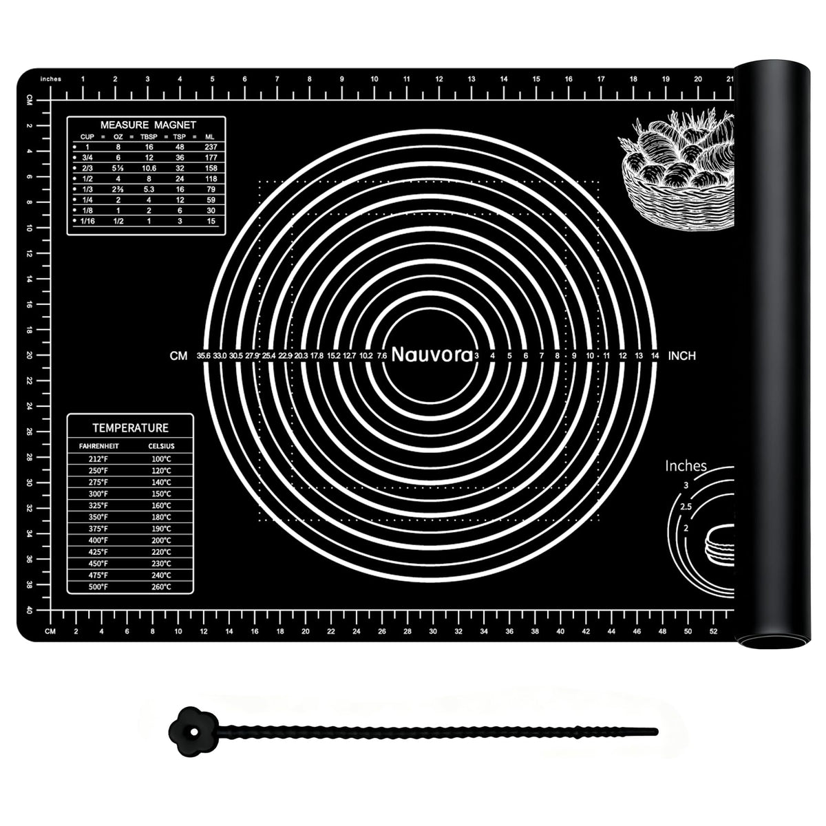 Nauvora Extra Large Baking Mat - 26" Silicone Pastry Mat, Reusable Non-Stick Dough Mat with Measurement for Fondant, Rolling Dough, Pie Crust, Pizza and Cookies, Black