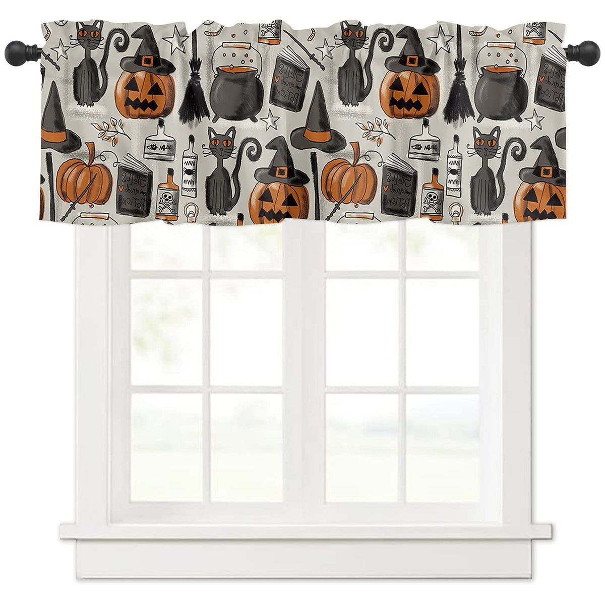 Halloween Curtains Valance for Bedroom Living Room, Pumpkin with Witch Hat Valance for Window , Curtains & Drapes Rod Pocket Black Cat Valances for Kitchen Window Curtains Over Sink 54x18in,1 Panel