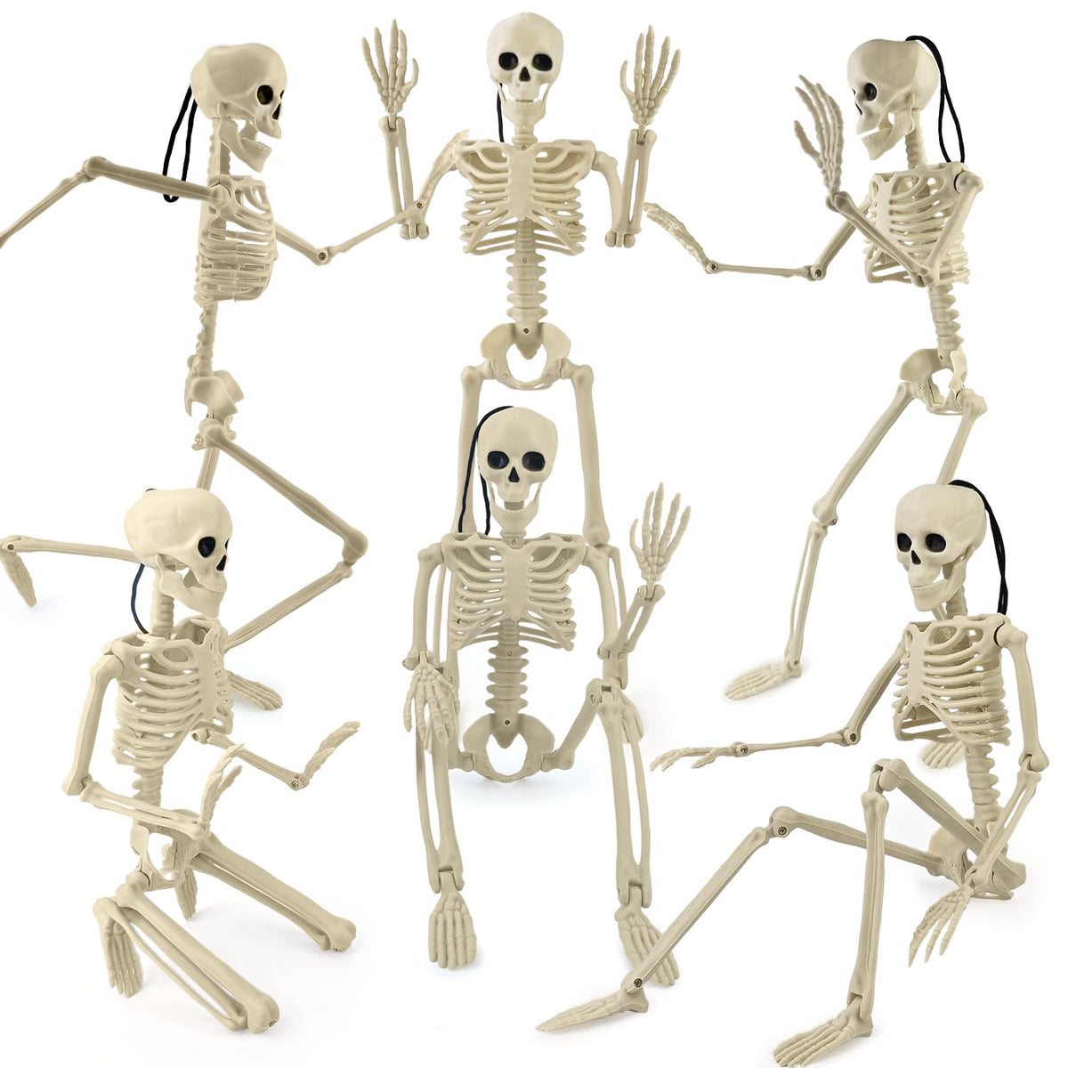 4 PCS 16'' Halloween Decor for Outdoor Graveyard Yard,Small Posable Plastic Skeletons Decorations for Tree Lawn Window Office Desk,Halloween Party Supplies,Scary Skull Hanging Props for Haunted House