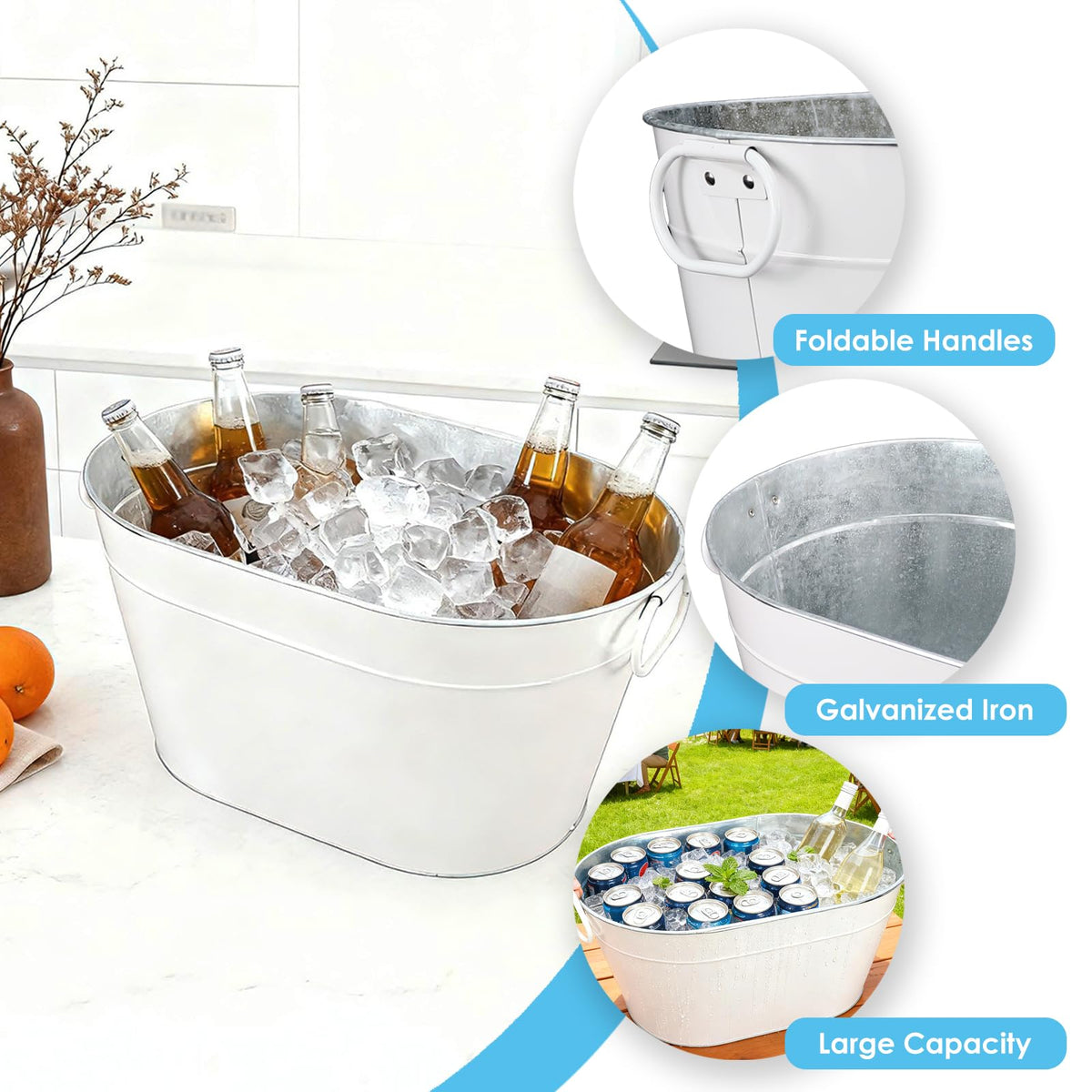 1PC Galvanized Tub Ice Bucket for Parties, Thick Metal Galvanized Drink Buckets, Beverage Tub with Handles, Drink Bucket for Indoor & Outdoor Party (White)