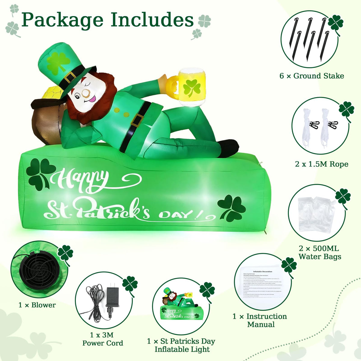 Lewondr 5.9FT St Patricks Day Inflatable Outdoor Decorations, Inflatable Leprechaun Lay on The Bed with Shamrocks, Blow up Yard Decoration with 6 Build-in Lights for Holiday Party Yard Lawn Garden
