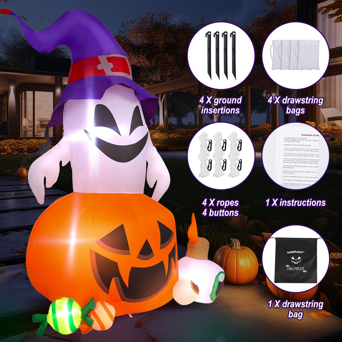 5FT Halloween Inflatable Outdoor Decoration Pumpkin Ghost with Built-in LEDs Blow Up for Halloween Party Holiday Indoor Outdoor Garden Lawn Yard Decorations