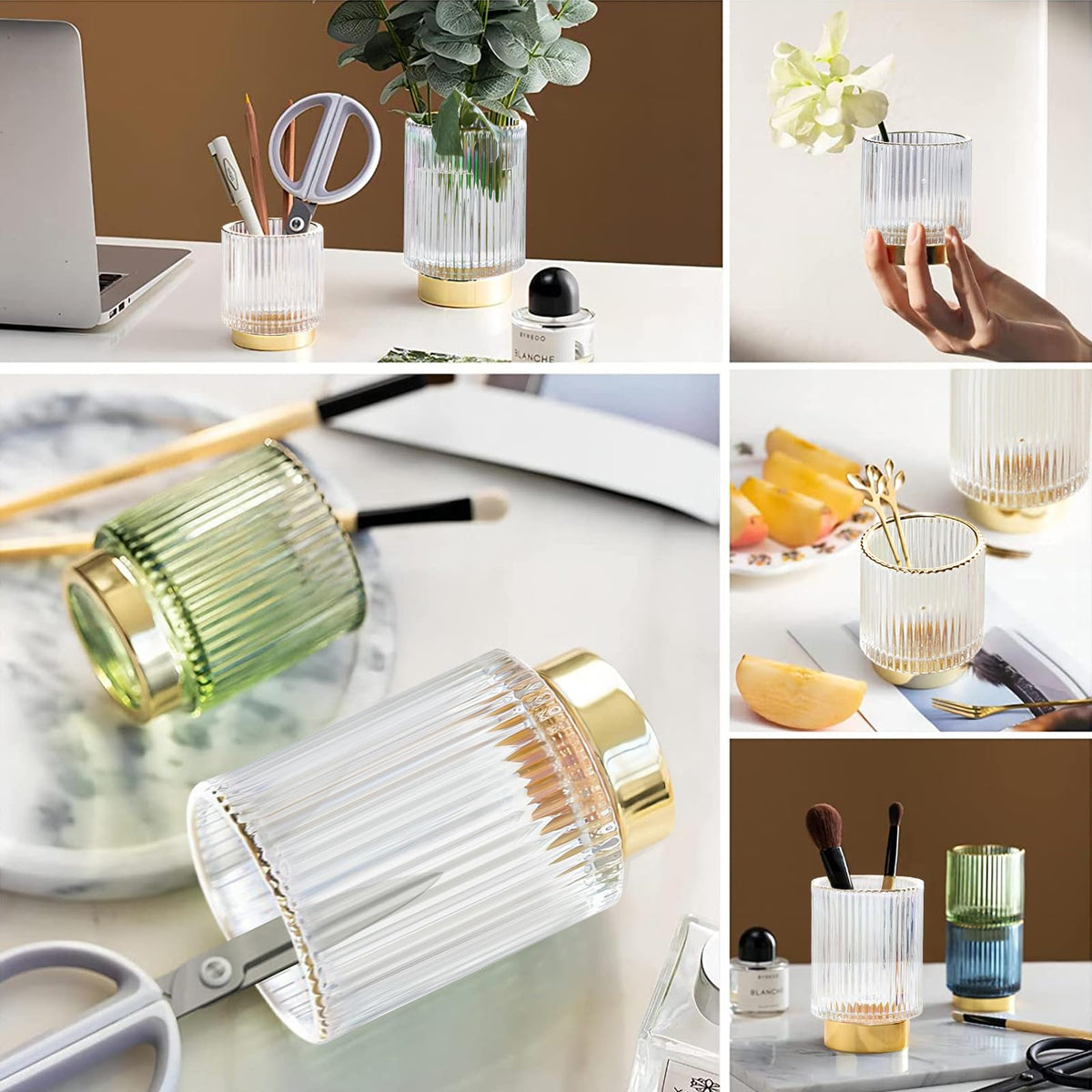DASITON Makeup Brush holder Organizer,Crystal Cosmetic Makeup Brush Glass Brushes Storage Holder, Vintage Make Up Brush Cup Pen Pencil Holder striped vase(Clear L)