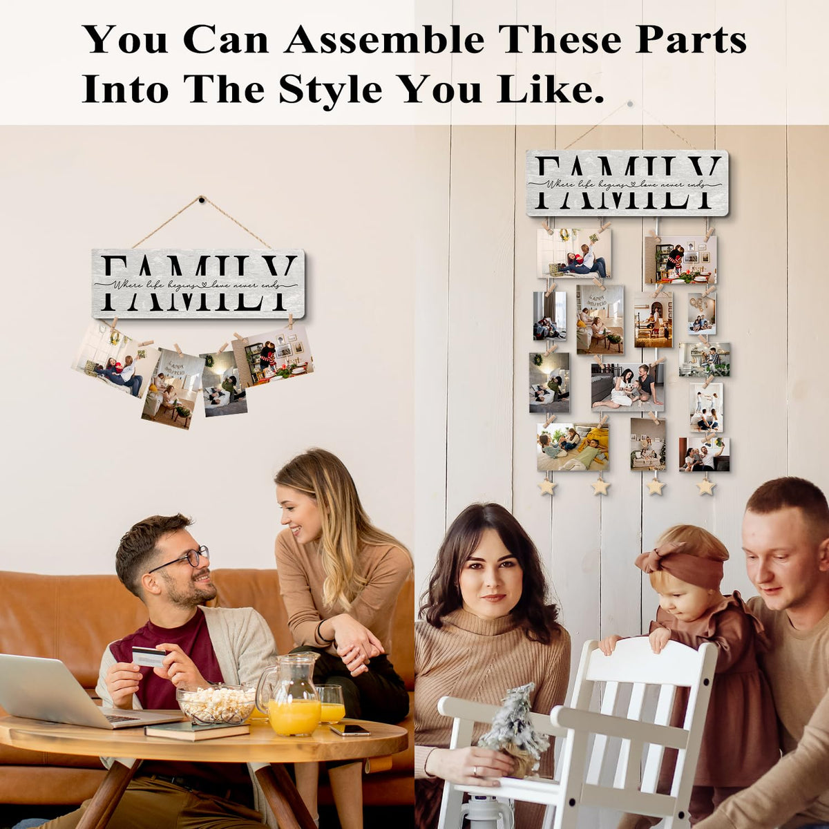 NaZaUK Family Picture Frames Collage Photo Hanging Display, Picture Board Wood Rustic Frames, Hanging Photo Display with Clips, Home Bedroom Wall Decor, Family Where Life Begins and Love Never Ends