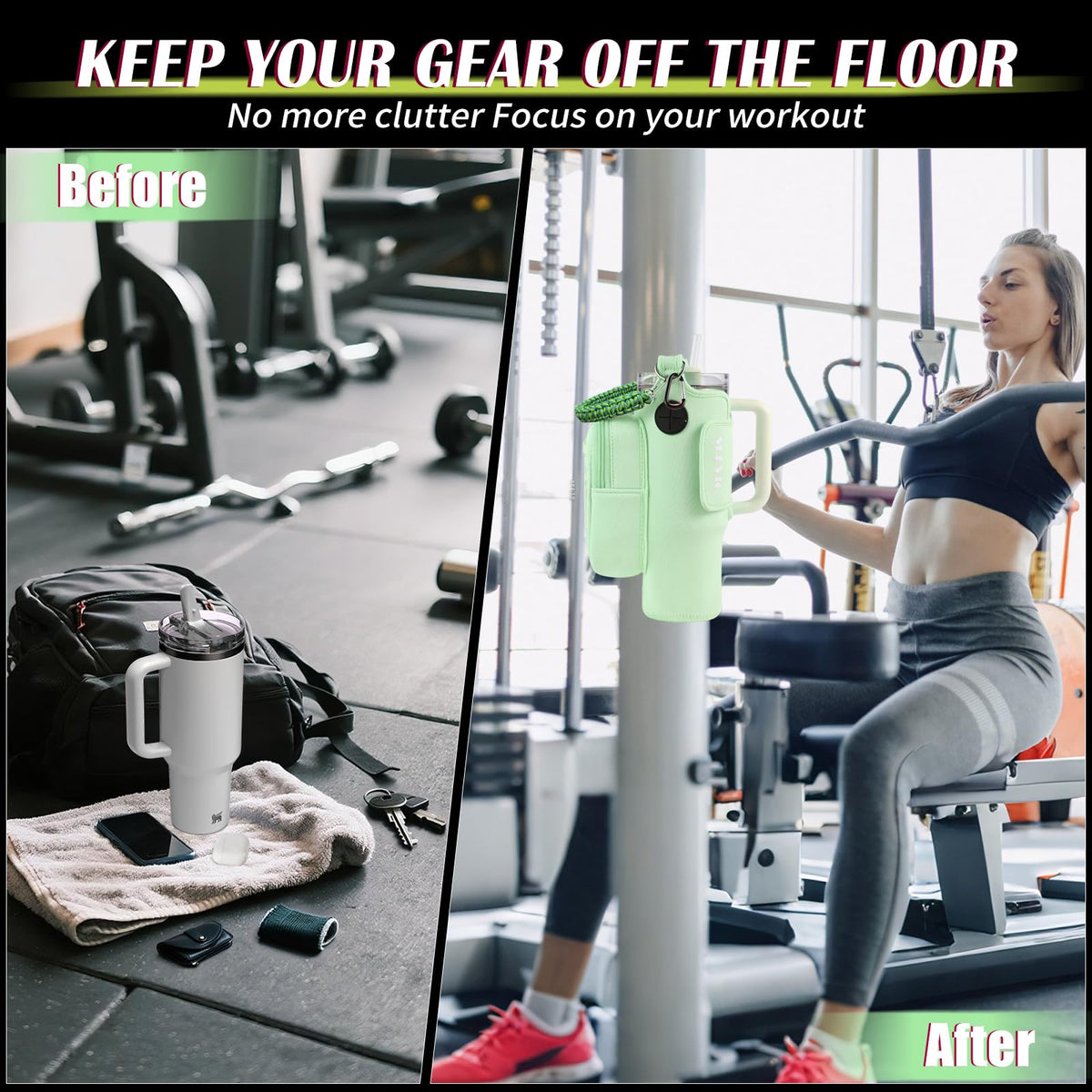 Magnetic Gym Bag for Men Women, Water Bottle Carrier Holder with Strap for Stanley, Small Bag Accessories pouch with N52 (Green)