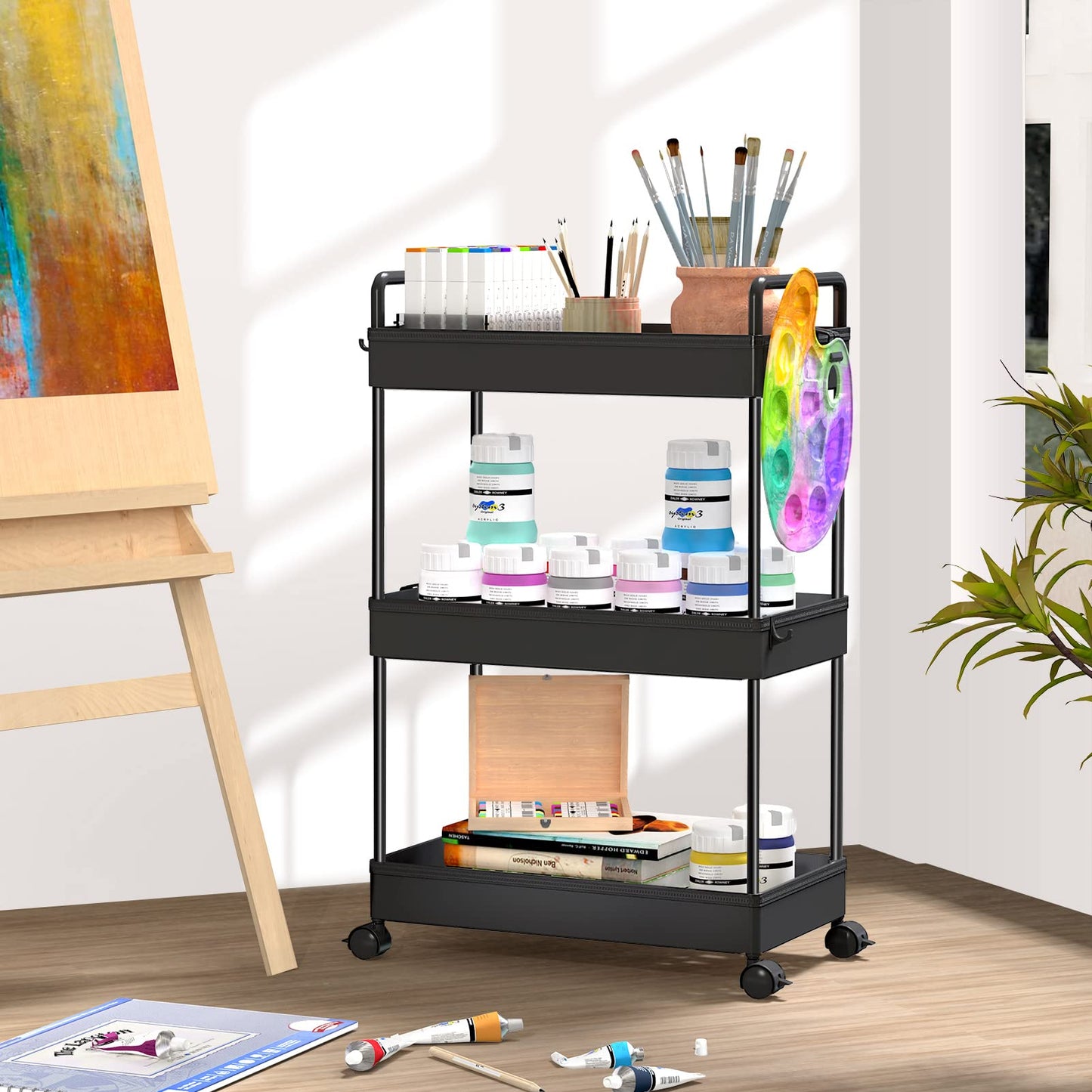 SOLEJAZZ 3 Tier Rolling Storage Cart with Wheels Slim Craft Nail Makeup Snack Art Baby Utility Cart Organizer on 2 Lockable Wheels for Bathroom Laundry Room Kitchen Bedside Narrow Spaces, Black