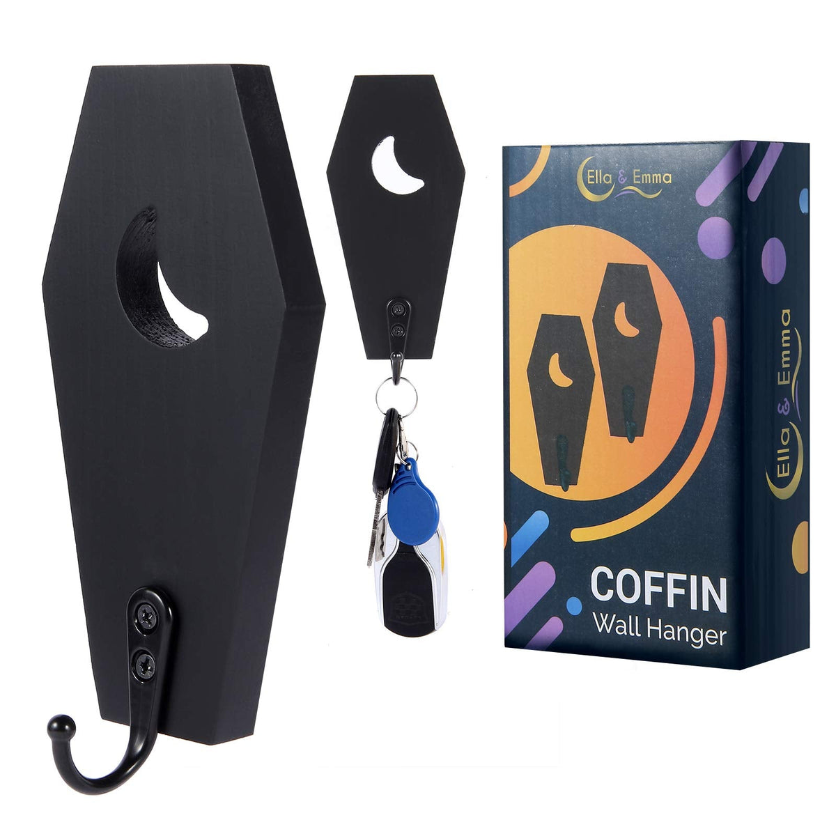 Ella & Emma Wall Mounted Coffin-Shaped Key Holder - Gothic Home Decor Wall Hanger with Hook - Gothic & Spooky Halloween Decor for Home - 2 Pieces (Coffin & Moon)