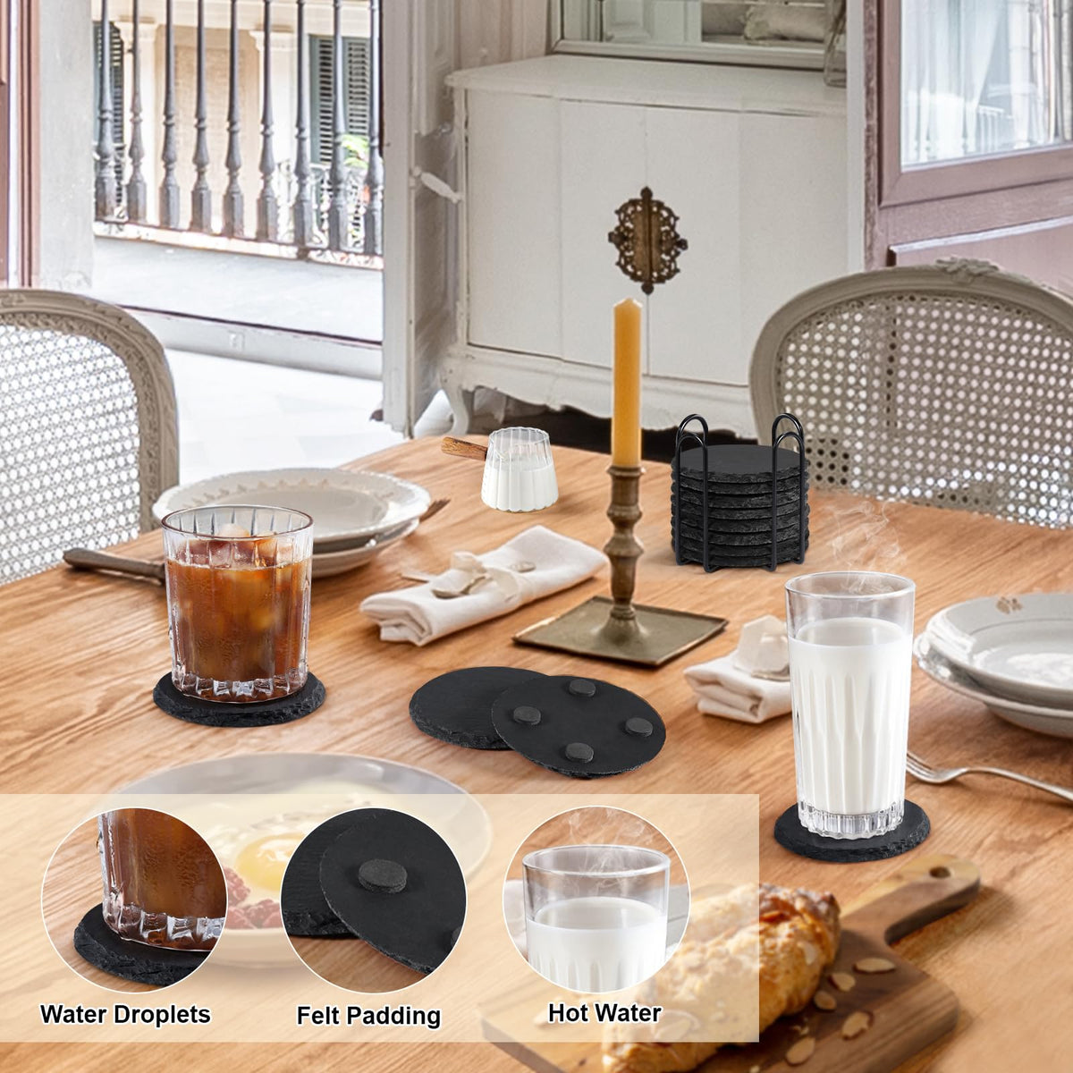 Slate Coasters with Holder, MAPRIAL 4 Inch Coaster Set of 12 Round Black Slate Stone DIY Coasters with Anti-Scratch Backing for Halloween Christmas, Bar, Kitchen, Home Decor, Gifts for Mom, Dad