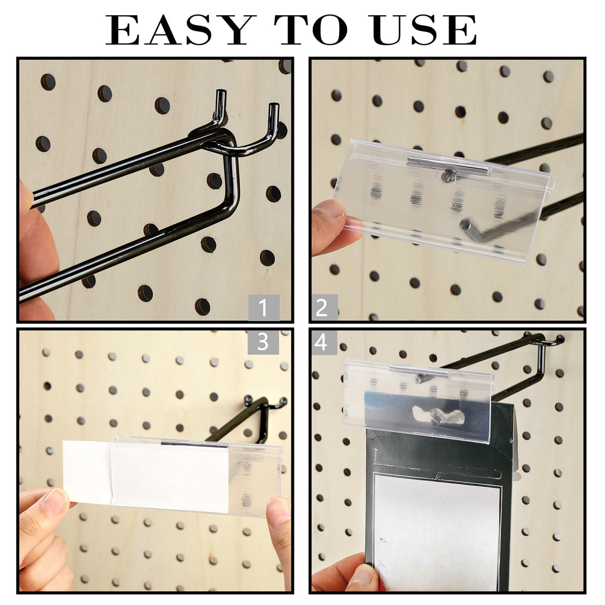 Tandefio 50 Pack 4 Inch Black Metal Peg Board Hooks with Clear Plastic Label Holder Stainless Steel Display Pegboard Hooks for 1/8'' to 1/4'' Pegboard Wall for Garage Storage Retail Shop Supplies