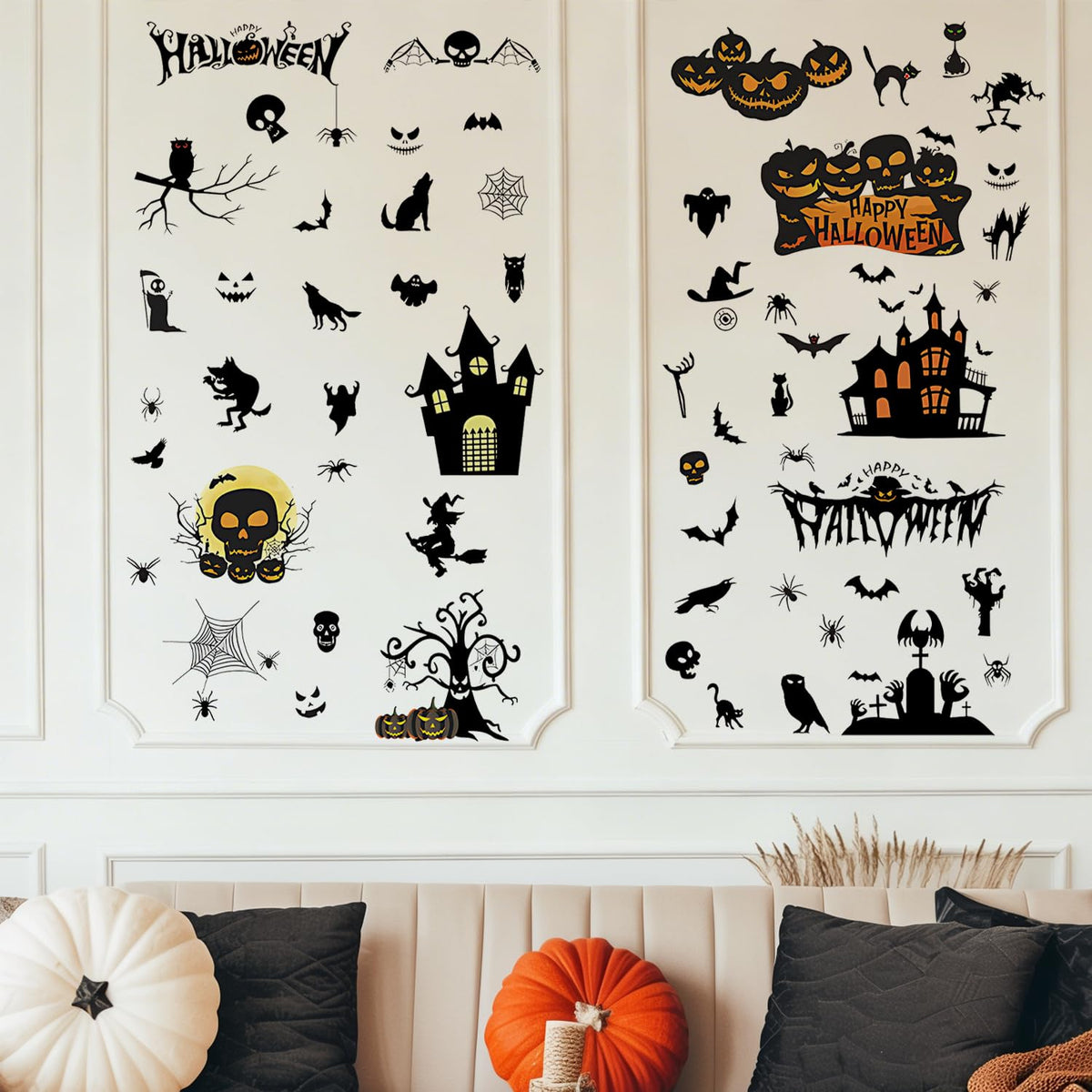 Halloween Wall Decals Stickers, Black Haunted Castle Pumpkin Skeleton Window Clings, Removable Spooky Spider Web Witch Silhouette Wall Stickers for Party Home Decor