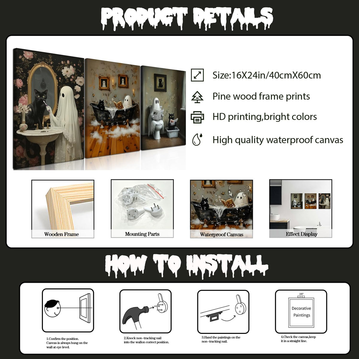 Halloween Ghost Bathroom Canvas Wall Art Set of 3, Funny Horror Ghost and Cute Black Cat in Bathtub Pictures Wall Decor, Gothic Dark Academia Paintings Prints for Toilet Dorm 16x24 inch Framed