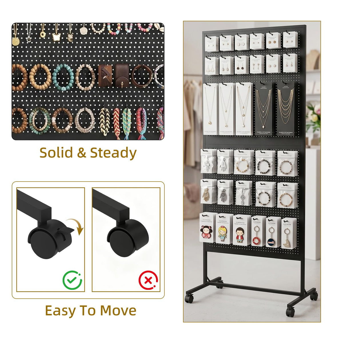 Arbuxzuy 2 x 5.5 Feet Pegboard Display Stand with 10 Hooks, Peg Board Stand with Wheels, Standing Pegboard Display, Metal Freestanding Pegboard Craft Shows Vendors Retail Jewelry Organizer (Black)
