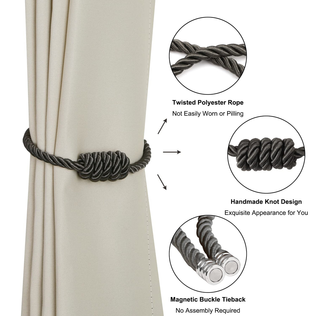 BEL AVENIR Magnetic Curtain Tiebacks, Decorative Drapery Holdbacks Modern Woven Tie-Backs with Exquisite Knot (Charcoal, 4 Pack)
