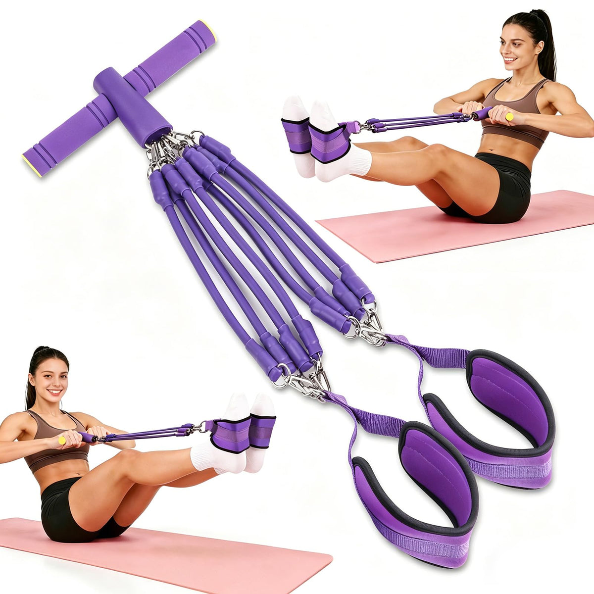 Pedal Resistance Band with Handle - 8-Tube Adjustable (20-80LBS) for Full Body Workout, Home Gym, Yoga & Strength Training Non-Slip Grips & Foot Pedal (Purple)
