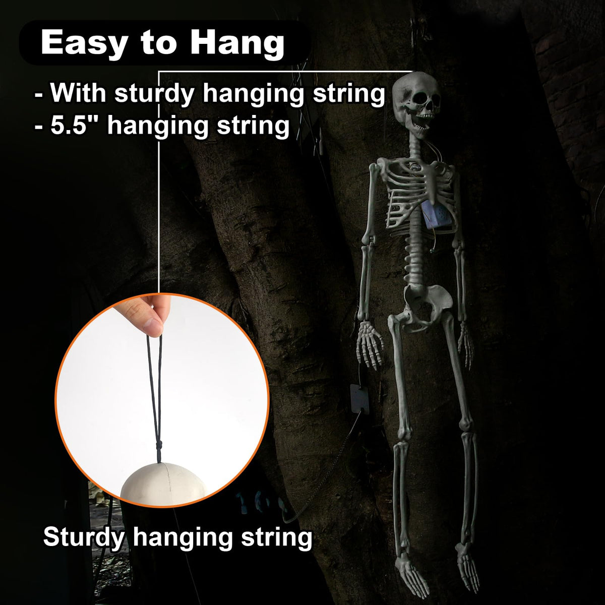 DUNCHATY Halloween Hanging Posable Skeleton - 3FT Prop Skull with LED Glowing Eyes and Creepy Shrilling Sound - Sound Activated Outdoor Halloween Decorations Skeleton Decoration