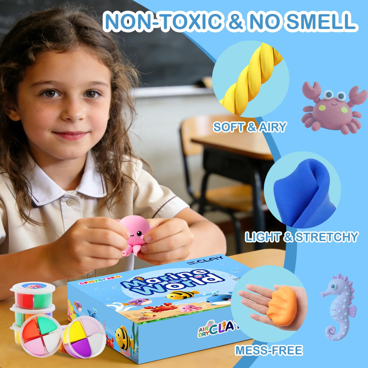 Air Dry Clay Kit - 12 Marine Animal Modeling Clay for Kids, Complete DIY Clay Craft Set with Sculpting Tools & Step-by-Step Tutorials, Ultra Soft & Non-Sticky Clay, Children's Day Gift Ideas