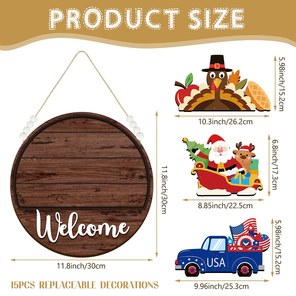 Sintuff 16 Pcs 12 Inch Magnetic Welcome Door Sign Interchangeable Front Door Wreath Decor Rustic Seasonal Hanging Sign Patriotic Summer Decor for Home Warming Gift(White Word, Brown Back)