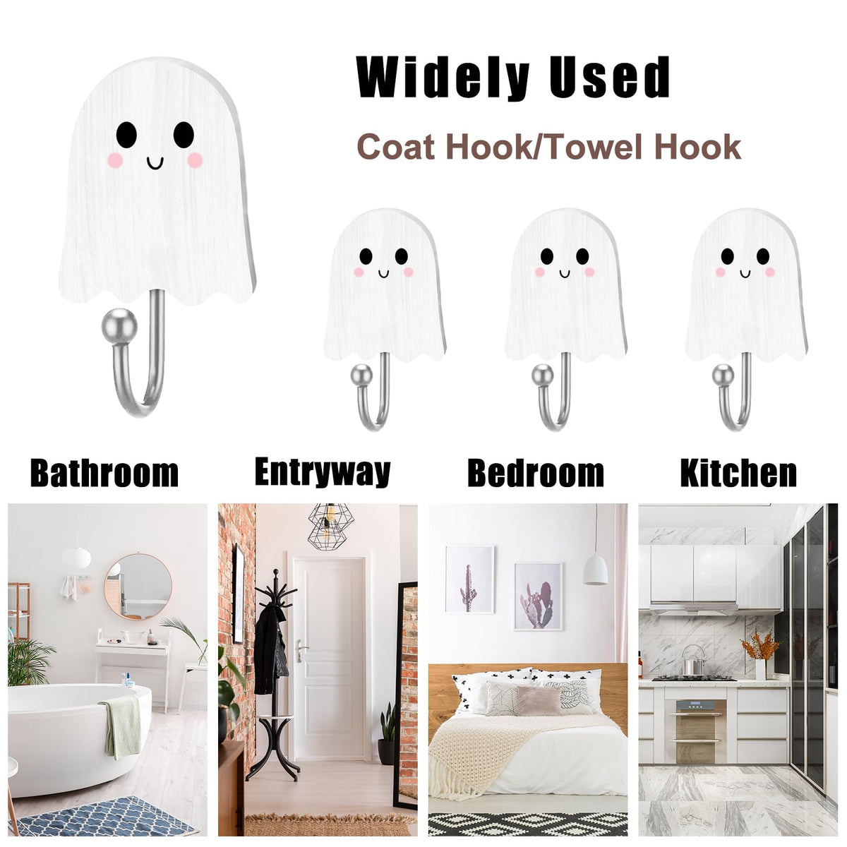 Whaline 6Pcs Halloween Ghost Hooks Cute Ghost Wood Coat Hook Decorative Towel Hanger Wall Mounted for Home Bathroom Bedroom Kitchen Entryway Decor