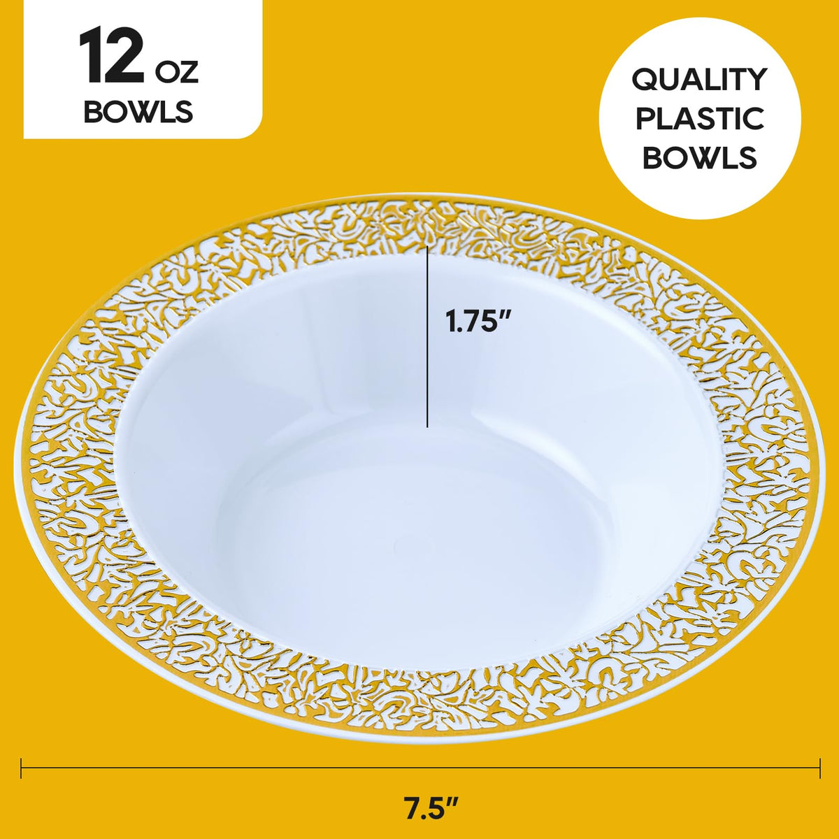 JOLLY PARTY 60 Disposable Gold Plastic Dessert Bowls, 12 oz Soup Bowls, Lace Christmas Thanksgiving Trim, Premium Heavy Duty Plastic Bowl for Wedding/Party (Gold)