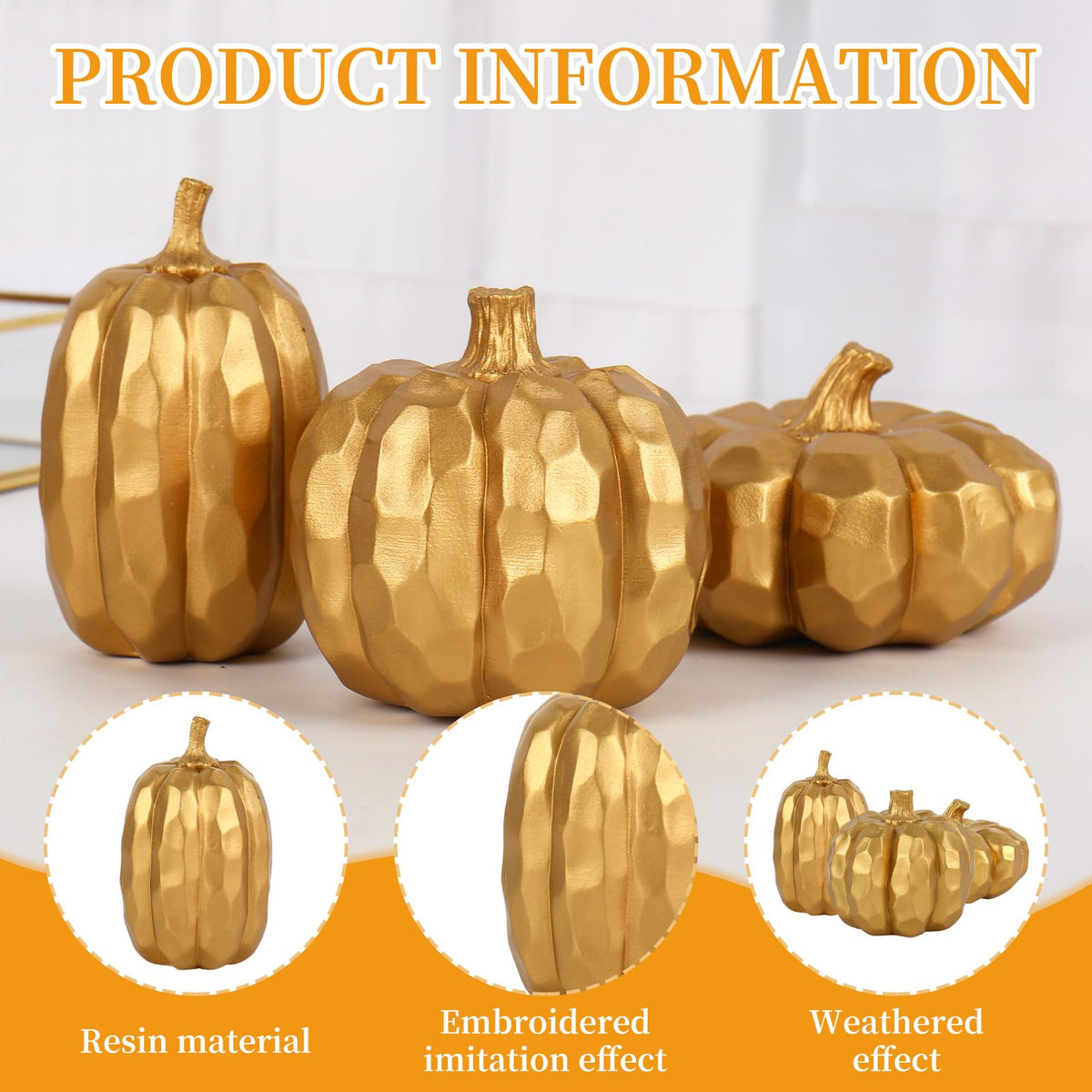 JarThenaAMCS Fall Pumpkin Decoration 3Pcs Resin Artificial Pumpkins Gold Fake Pumpkin Table Centerpieces for Autumn Harvest Thanksgiving Farmhouse Home Party Supplies