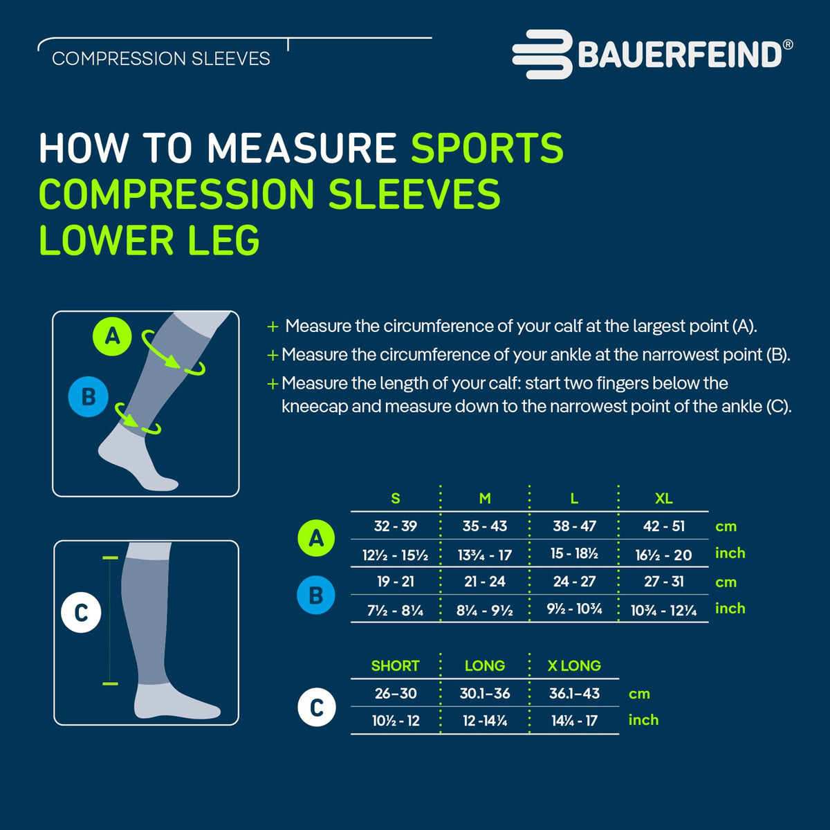 Bauerfeind Sports Compression Lower Leg Calf Sleeves (1 Pair) (Black, Medium/Long)