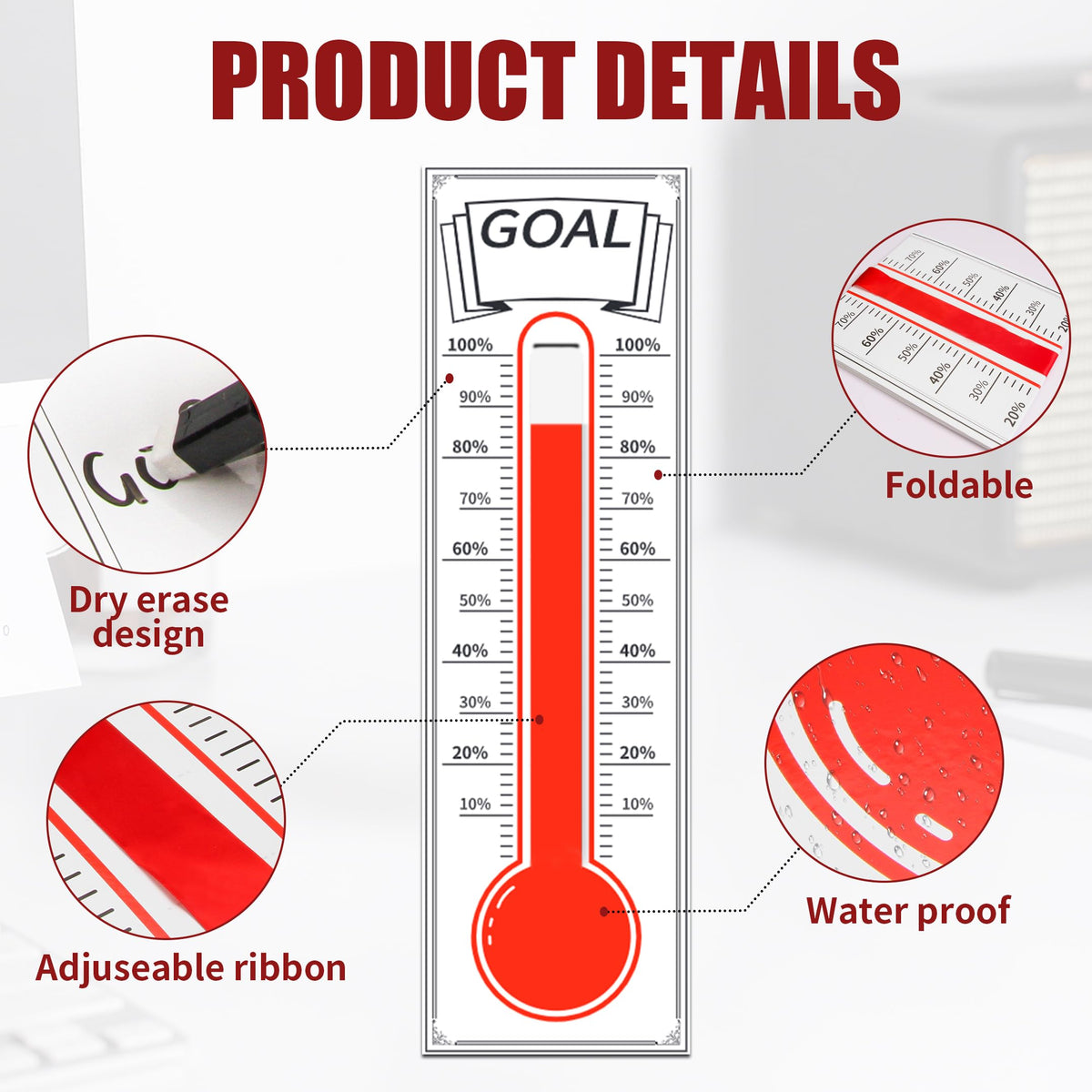 Dry Erase Goal Tracking Thermometer 46"x12" - Corporate Sales Board with Progress Ribbon for Team Motivation