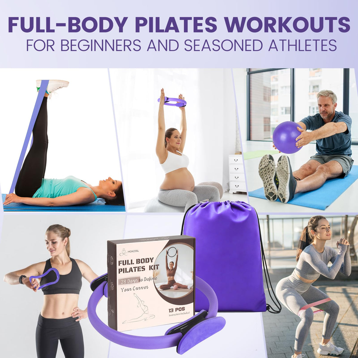 Pilates Kit for Women 13PCS, Pilates Ring and Ball Set with Magic Circle, Resistance Bands Set, Figure 8 Band, Yoga Ring & Grip Socks, Home Workout Equipment Essentials Starter Kit for Beginners