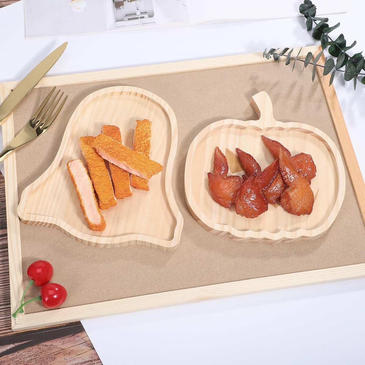 JECOMPRIS Halloween Wooden Pumpkin Tray and Ghost Snack Serving Dish 7.5 Inch Food Plate for Party Home Decor and Entertaining