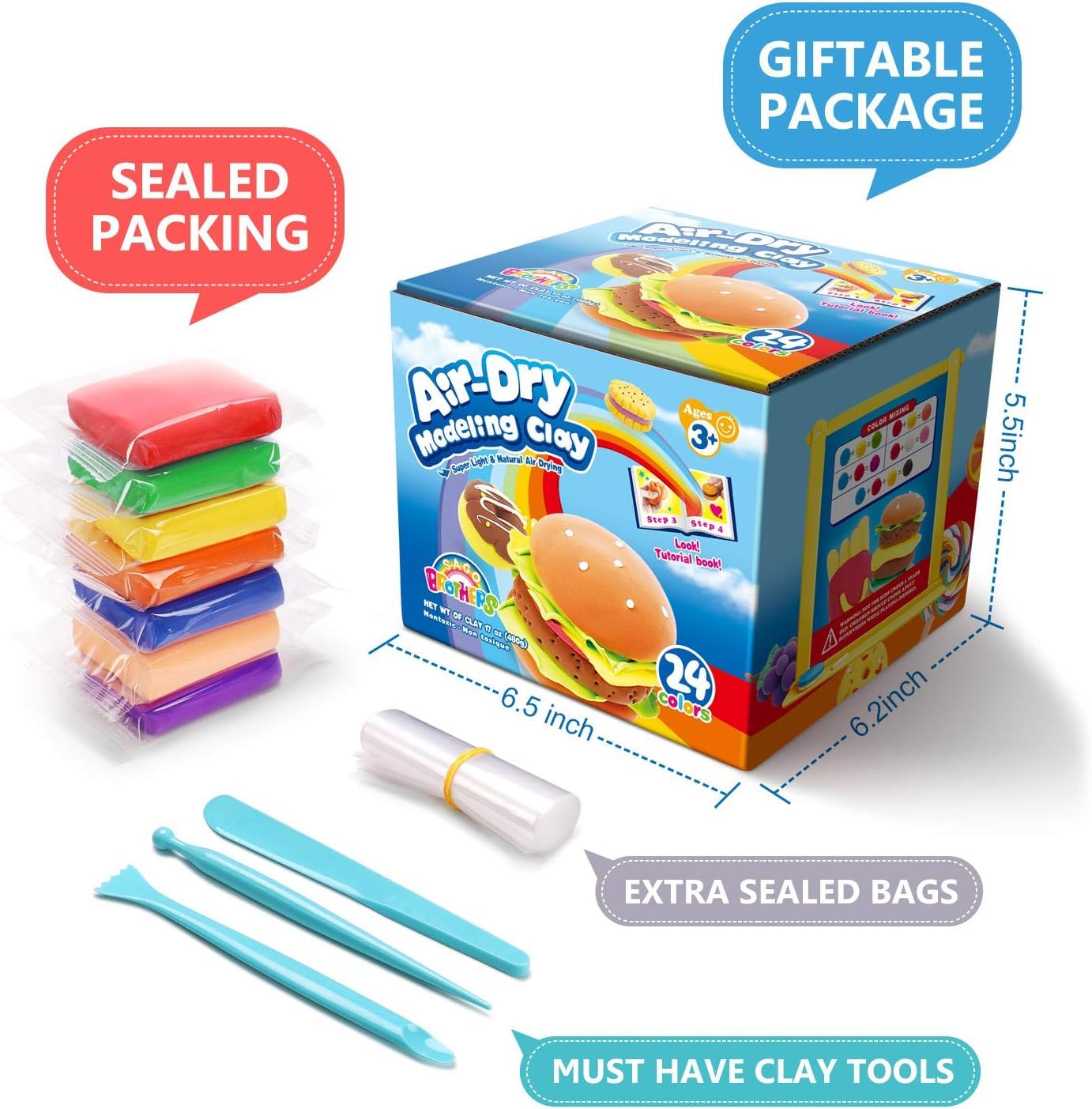 Sago Brothers Air Dry Clay 24 Colors, Kids Toys Modeling Clay Kit, No-Bake No Mess Magic Clay Crafts, Christmas Birthday Gifts for Kids Girls Boys
