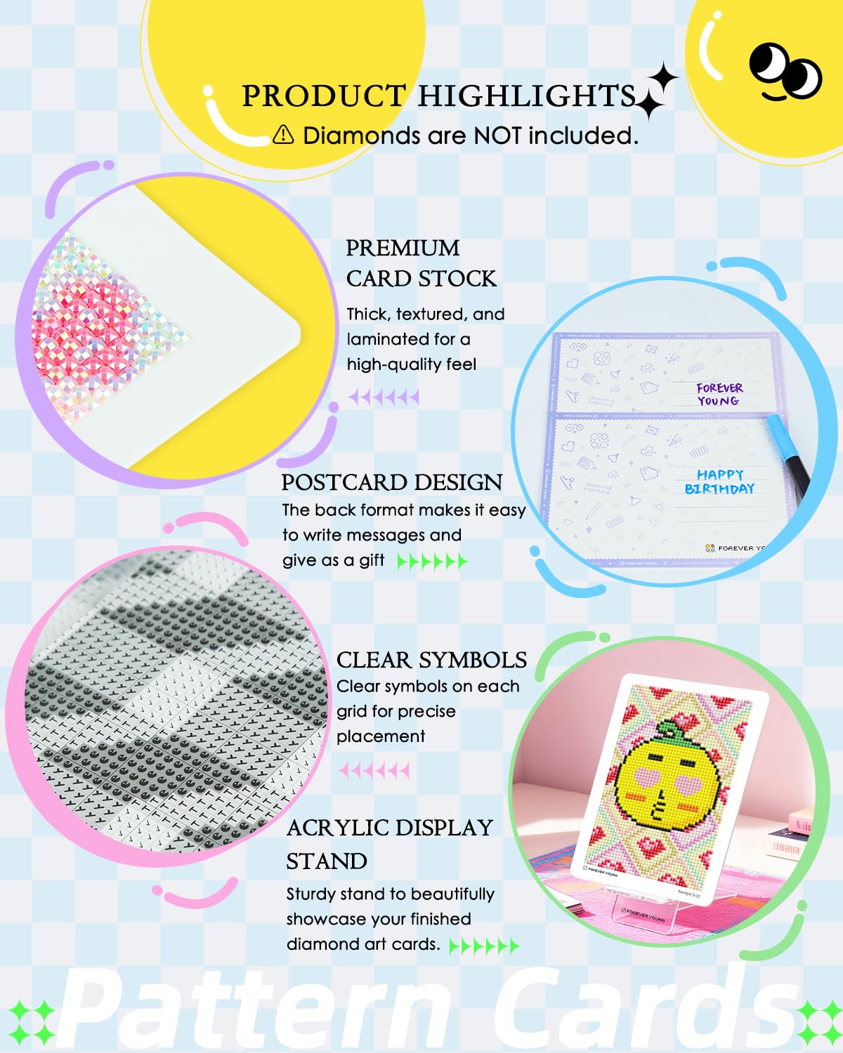 forever young 24 Designs Diamond Freestyle Cards for Beads, 5x7 Blank Diamond Art Cards with Glue for Square Dots for Adults, Postcard-Style Diamond Painting Accessories (No Drills)