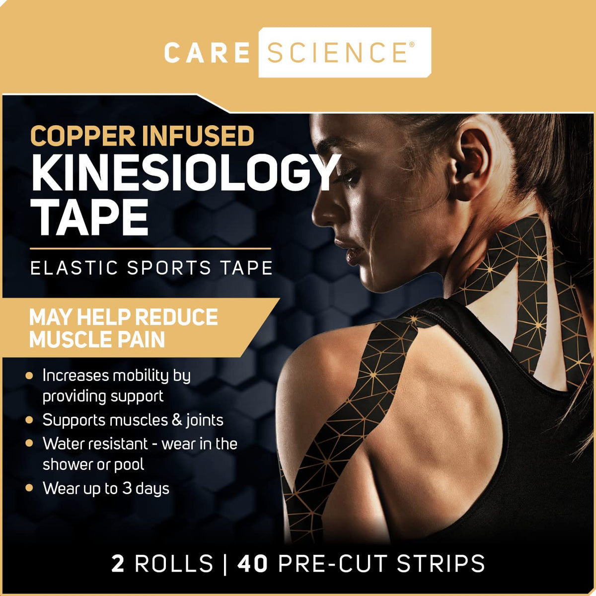 Care Science Waterproof Kinesiology Tape, 40 ct Precut Strips (2 Rolls), Copper Infused | Water Resistant Strips, Elastic Athletic Tape for Sports & Weightlifting, Muscle Strain Relief & Joint Support