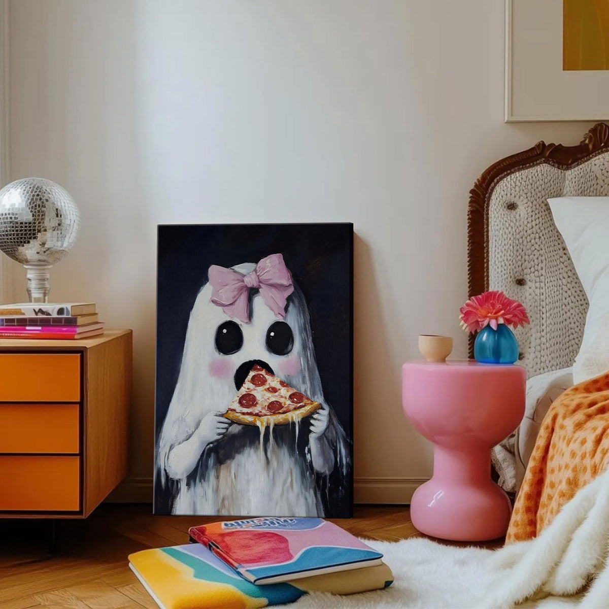 Ghost Wall Art Cute Ghost with Pink Bow Eating Pizza Prints Gothic Spooky Halloween Posters Girly Bedroom Dorm Wall Decor Pictures 12x16in