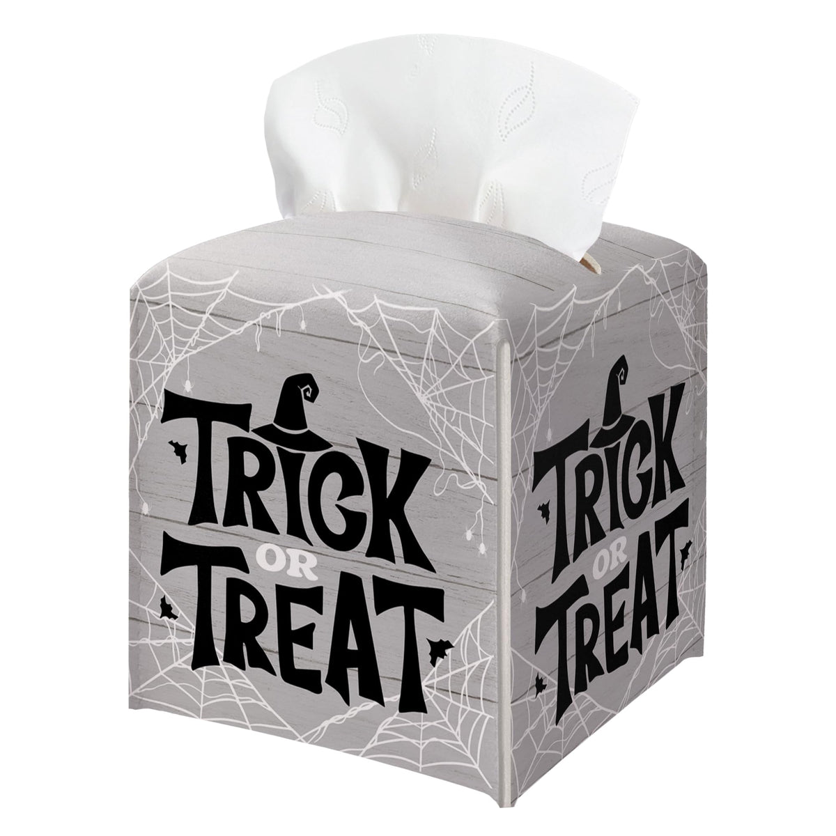 Halloween Trick Or Treat Tissue Box Holder, Spider Web Grey Leather Tissue Box Cover Square, Facial Paper Organizer Dispenser Toilet Paper Holder for Bathroom Kitchen Office Home Decor-A09