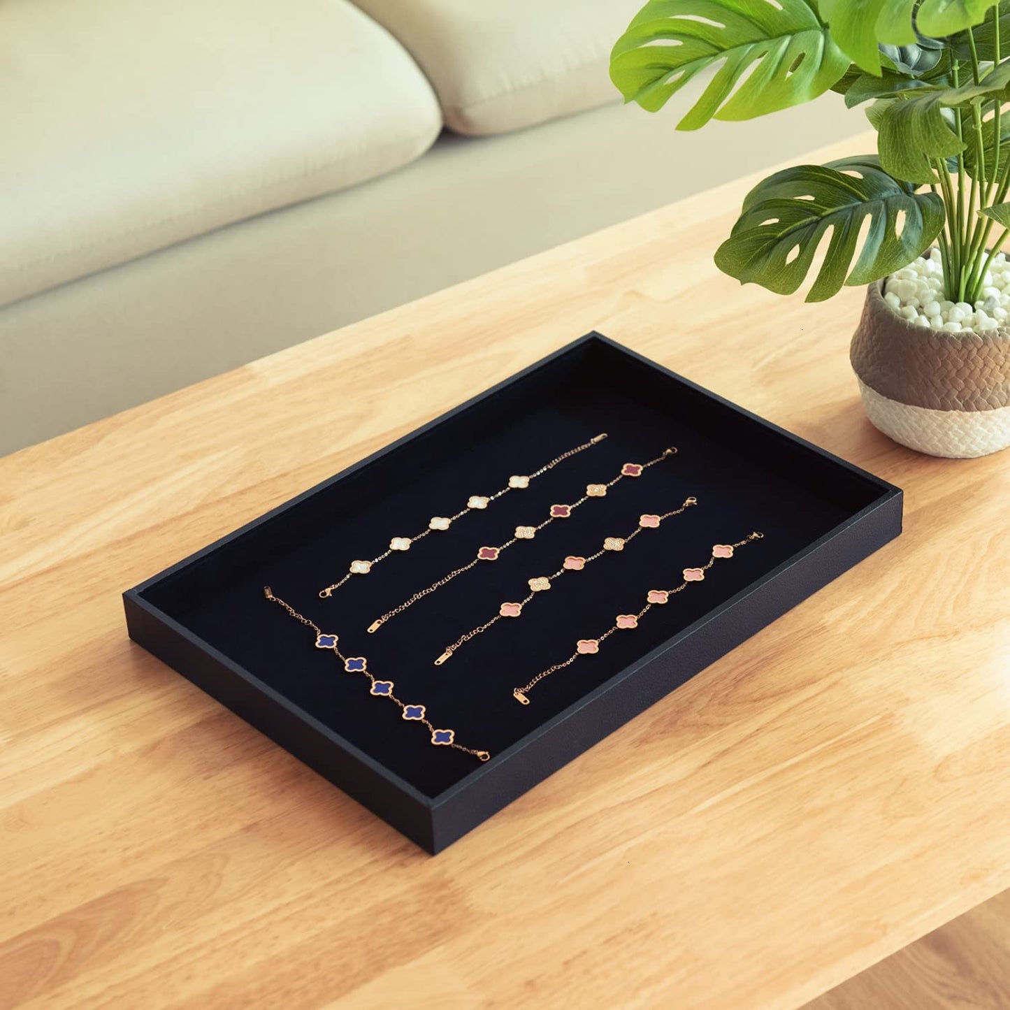 JETEHO Black Velvet Stackable Jewelry Tray Showcase Display Stackable Necklace Bracelet Ring Showcase Display Empty Plate (2 Pack)