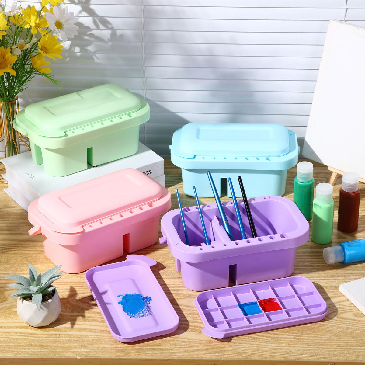 Teenyyou 4 Pcs Paint Brush Cleaner 3 in 1 Multifunction Paint Brush Basin Holder and Organizer with Brushes Holder Washer Trays Palette for Acrylic Watercolor Oil Painting