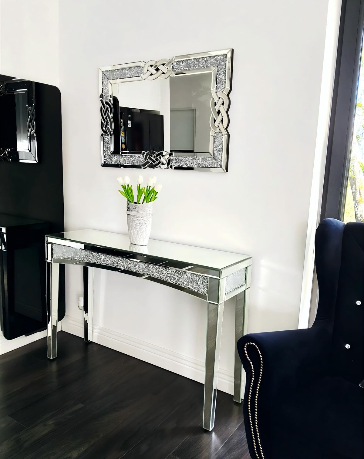 Artloge Crushed Diamond Mirror Silver Vanity Rectangular Wall Decor 36x24 inch