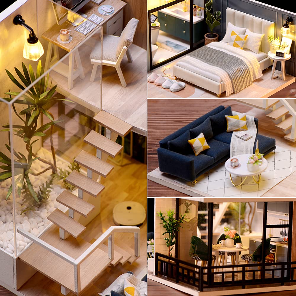 TuKIIE DIY Miniature Dollhouse Kit with Furniture, 1:24 Scale Creative Room Mini Wooden Doll House Accessories Plus Dust Proof & Music Movement for Kids Teens Adults(Satisfied Time)