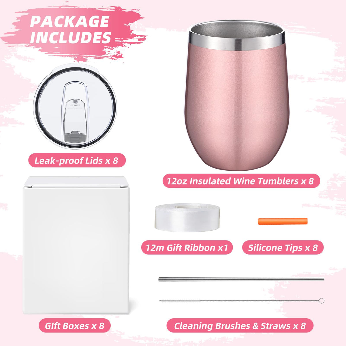 ColorSub 8 Pack 12oz Sublimation Wine Tumblers, Stainless Steel Double Wall Sublimation Blanks Wine Cups with Lids & Straws, Silicone Straw Tips, Gift Box, Rose Gold