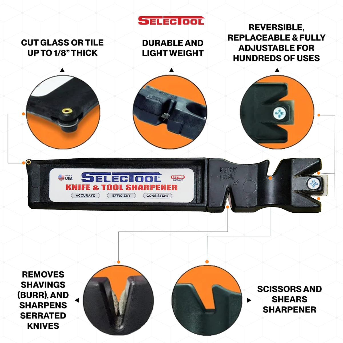 SELECTOOL Knife & Tool Sharpener, Father’s Day Gift for Dad, Manual Blade Sharpener for Kitchen Knives, Pocket Knives, Scissors, Axes & Outdoor Tools, Made in USA